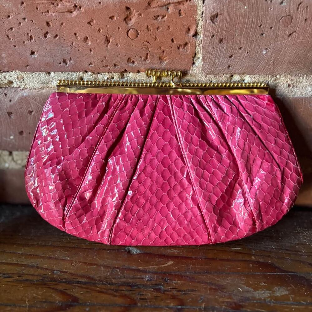 Vintage Judith Leiber Snakeskin Leather Pink Clutch Shoulder Evening Bag Purse